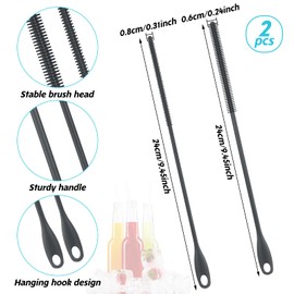 2Pcs Silicone Straw Brush Reusable Straw Cleaning Brush 6mm+8mm Long Straw Cleaner Brush with Hanging Ring, Bendable Pipe Cleaner Brush for Glass Metal Straw(Dark Gray)