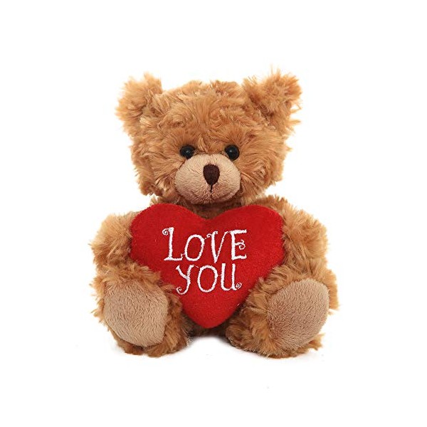 Plushland Stuffed Mocha Heart Bear - Plush Bear Toy for Kids & Adults - Embroidered Heart Pillow - Brown-9 inches
