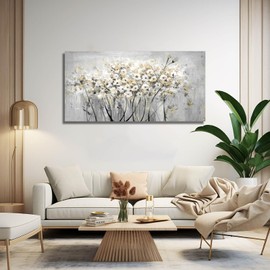 VAYIMDH Gold Pictures Wall Decor Living Room Wall Hanging White and Grey Vintage Posters Floral Photo Prints for Bedroom Dining Room 24x48 Inch