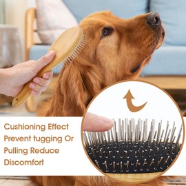 GEEHUA Dog Pin Brush, Airbag Grooming Wooden Comb Pet 20mm Stainless Steel Round Pin Slicker Brush with Bamboo Handle for Removing Shedding Tangles Dead Undercoat