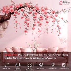 VePret Large Pink Flowers Tree Branch Wall Decals Peel and Stick, Floral Roses Wall Stickers, Removable Vinyl Home Decor Art for Bedroom Living Room Classroom Office