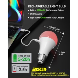 TobeBright E26 Rechargeable Light Bulb with Remote Control,Battery Light Bulb,RGB Color Changing & 3 Color Temperature,Dimmable Bulb with Timer Function for Wireless Table Lamps,2 Pack(4.86" Long)