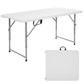 FDW 4 Foot Outdoor Dining Table, Foldable Portable Rectangular Plastic Folding Table with Built in Carrying Handle and Height Adjustable for Party and Wedding Use, White