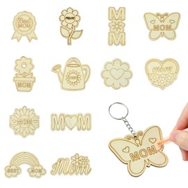 Stiesy 12 Sets 12 Styles Mother's Day Theme Unfinished Wooden Pendant Keychain Making Kits Rainbow Flower Heart Blank Paint Cutouts Ornament with Holes for DIY Gift Tag Keychain Making