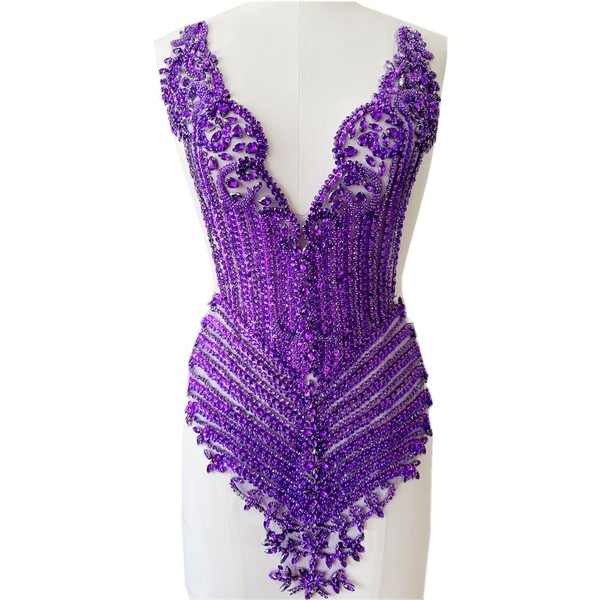 Handmade Stones Beads Bling Bright Crystal Patches Sew on Rhinestones Bodice lace Applique Accessories for Weding Dress Decorations (Purple)