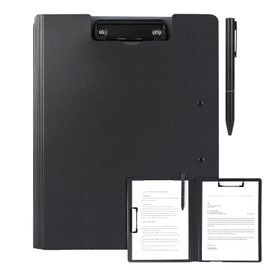 Clipboard A4, Black Double-Sided Clamp Clipboard A4 with Lid and Ballpoint Pen with 2 Clips, Plastic Clipboard Folder, Writing Case for Offices, Construction Sites, Schools, Home