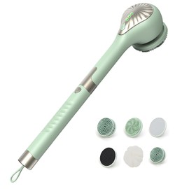 Electric Body Brush Back Scrubber for Shower, Waterproof Long Handle Power Body Scrubber with 6 Heads, Rechargeable Bath Brush & 3 Speeds, for Cleansing, Exfoliating and Massaging Skin (Green)