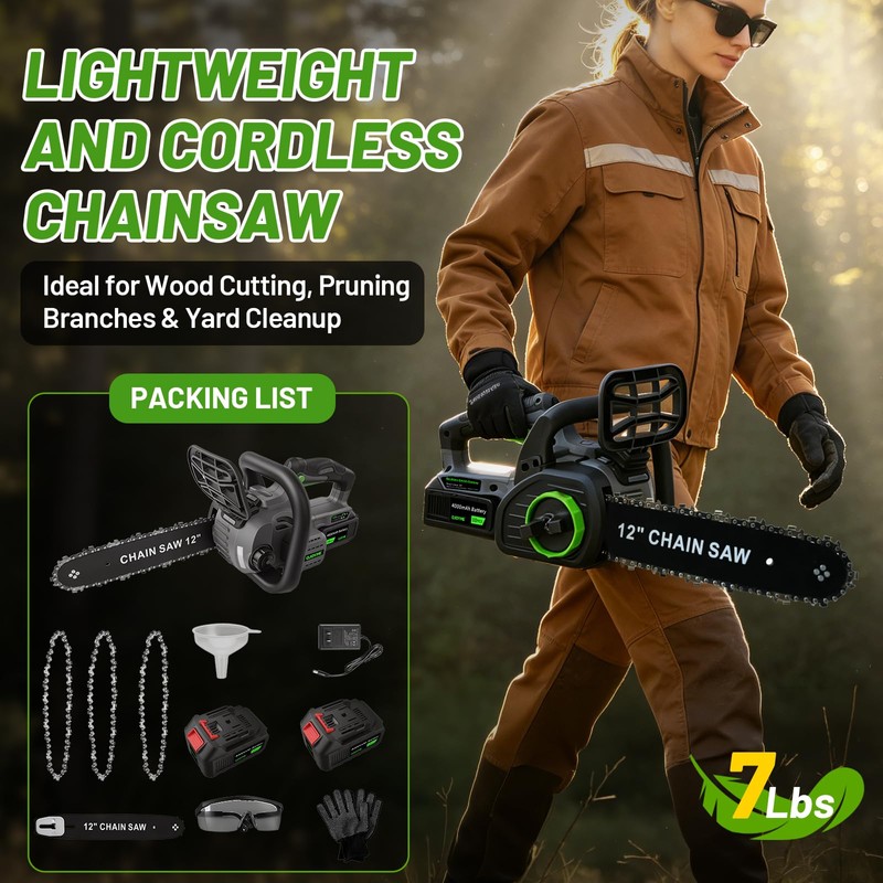 OJOYME 12" Cordless Electric Chainsaw with Brushless Motor, 2x4.0Ah Battery