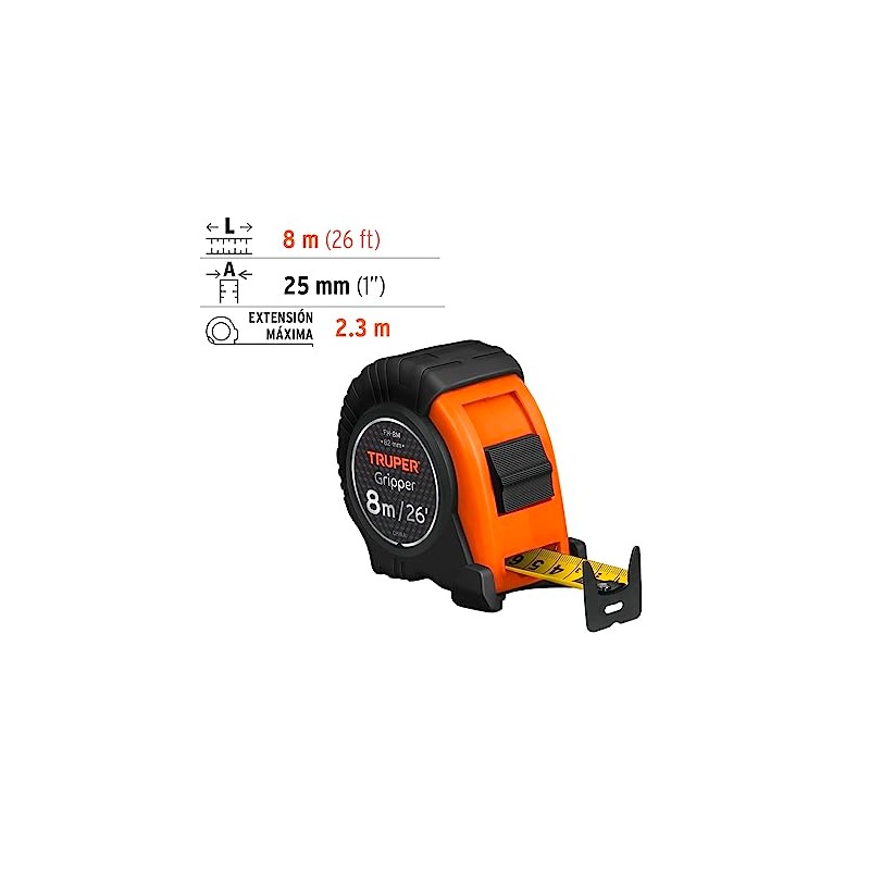 Truper FH-8M, Flexmetro Gripper, contra impacto, 8 m, cinta 25