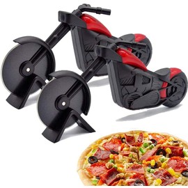 LATRAT 2pcs Motorcycle Pizza Cutter Stainless Steel Plastic Pizza Roller, Pizza Cutter with Sharp Cutting Wheel & Stand for Christmas Creative Gifts (Black)