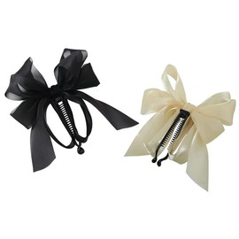 2 Pcs Black and Beige Chiffon Banana Hair Clips Big Bow Hair Claw Clips No Slip Hair Barrette Clips Ponytail Holder Hair Accessories for Women Ladies Girls Beauty and Personal Care