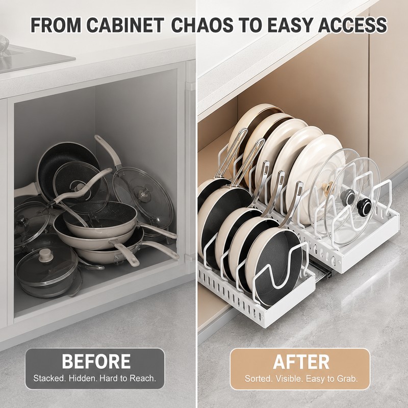 Pull-Out Pot and Pan Lid Organizer Rack for Kitchen Cabinet,