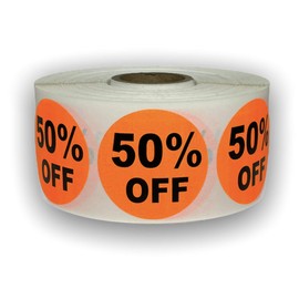 Fifty Percent Off Sticker | Sale Price Pricing Discount Supermarket Retail Stickers | 1.5 inch (1 1/2") Round Bright Orange Label | Easy to Peel & Apply | 1000 Labels