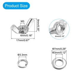 sourcing map 10 Set Wing Nut and Flat Washers Spring Washers, M3x0.5mm 304 Stainless Steel Butterfly Wing Nuts Hand Tighten Wing Nuts for Machinery Electronic Equipment