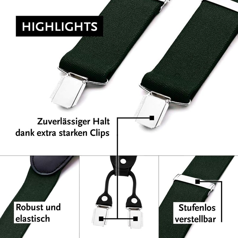 DonDon® Men's braces, wide, 4 clips, with Y-shaped leather, elastic