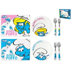 Home Smurfs Set of 4 Coloured Melamine Plate with 2 Cutlery Pieces