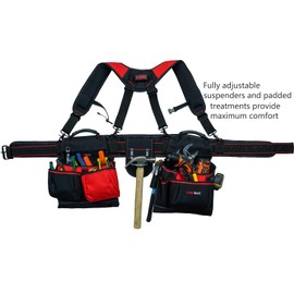 KUNN Tool Belt with Suspenders - Pro Framer Belt/Suspenders Combo Apron(Removable Pouch and Waist Belt) with Multiple Pockets & Hammer Holder for Carpenter,Construction and Electrician,Red