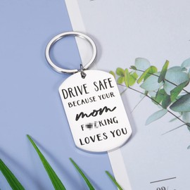 Funny Drive Safe Keychain Gift for Son from Mom Birthday Gift for Son Daughter from Mom Drive Safe Keychain for New Driver Stocking Stuffers for Men Women Graduation Gag Presents for Him Her