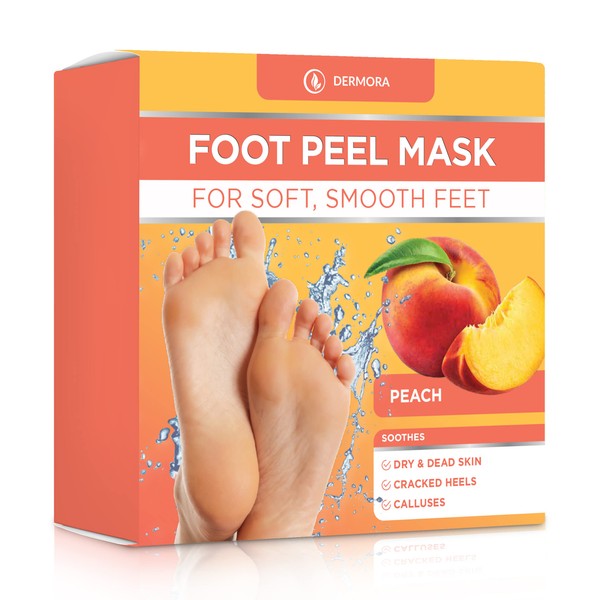 DERMORA Foot Peel Mask - 2 Pack of Regular Size Skin Exfoliating Foot Masks for Dry, Cracked Feet, Callus, Dead Skin Remover - Feet Peeling Mask for baby soft feet, Peach Scent