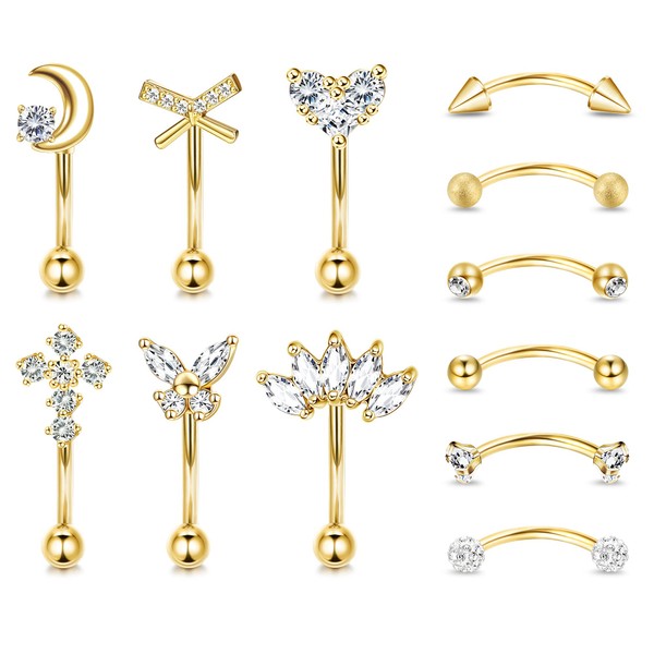 Dochais Pack of 12 Eyebrow Piercing 8 mm, Piercing Curved