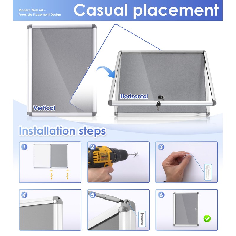 SWANCROWN Enclosed Bulletin Board Lockable Noticeboard Case with Aluminium Frame,Grey