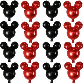 Finypa 16 Pcs Mouse Birthday Balloons, Black Red Mouse Head Foil Balloons, 18'' Black Red Foil Balloons, Mouse Mylar Balloons for 1st Birthday Baby Shower Gender Reveal Party Favors