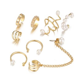 JEXOWIQ Hip Hop Punk Gold Colour Chain Circle Hoop Earring Set Women Ear Clip Cuff Tassel Pearl Zircon Earrings Snake Stud Earrings Fake Piercings Ear Cuff Fake Ear Face Piercings Ear Cuff Ear