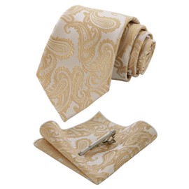 JEMYGINS Men's Stylish & Elegant Paisley Tie and Pocket Square with Tie Clip Set - Champagne gold., size: m