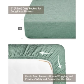 Pack and Play Sheets for Baby Boys and Girls 39"x27"x3", Neutral Muslin Cotton Pack N Play Mattresses Sheet with Boho Style, Soft and Breathable Comfort (Roman Green, Pank N Play Sheet)