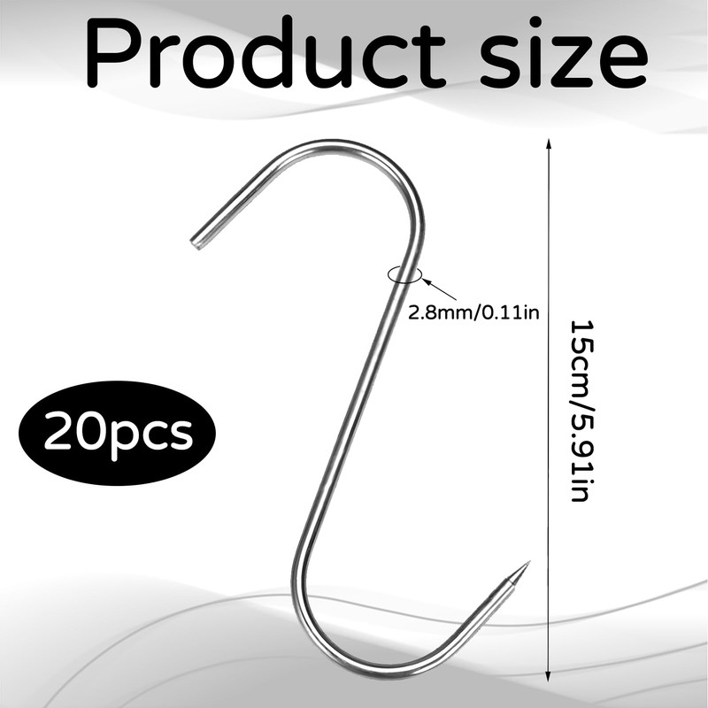 ZXNJA Pack of 20 Meat Hooks, S Hooks, Butcher Hooks,