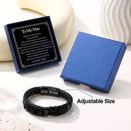 Mens Leather Bracelets Jewellery Gifts for Men Him Husband Boyfriend To My Man Adjustable Stainless Steel Wrist Bracelet Men with Card Letters Birthday Christmas