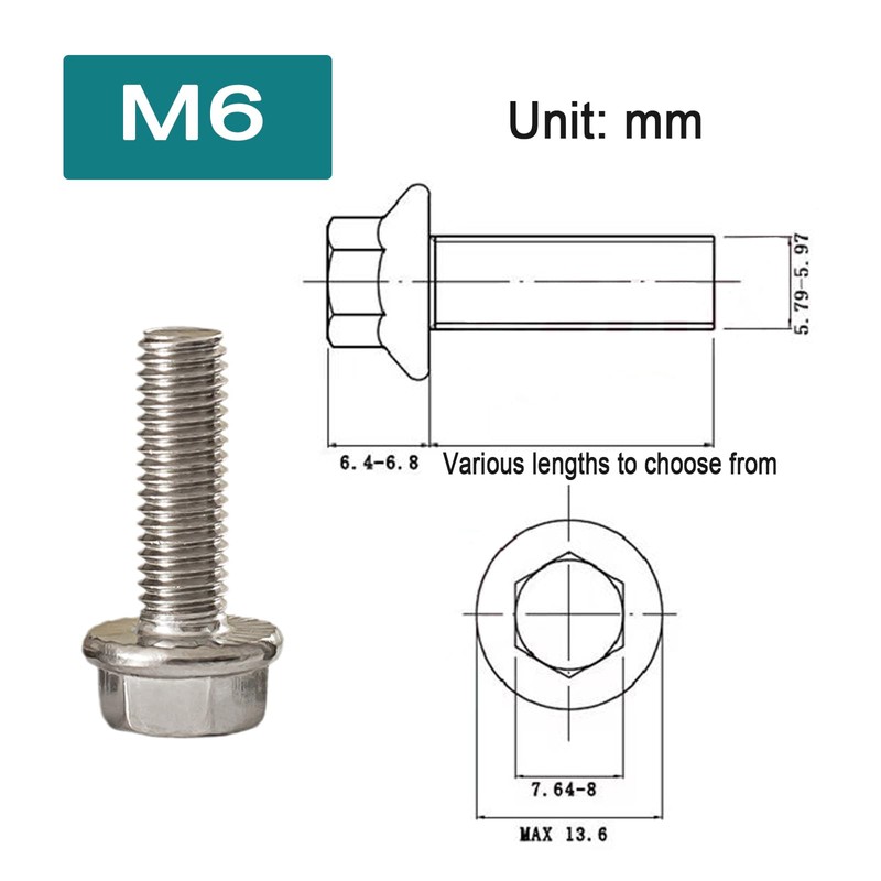 30 Sets M6x1.0-20mm Flanged Hex Head Bolts Kits, Flange Hexagon