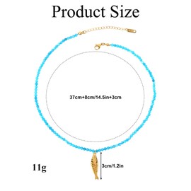 Mikovivi Boho Fish Necklace for Women, Blue Natural Stone Beaded Necklace with Gold Fish Charm Adjustable Sardine Bohemian Summer Jewelry for Beach Vacation & Daily Wear