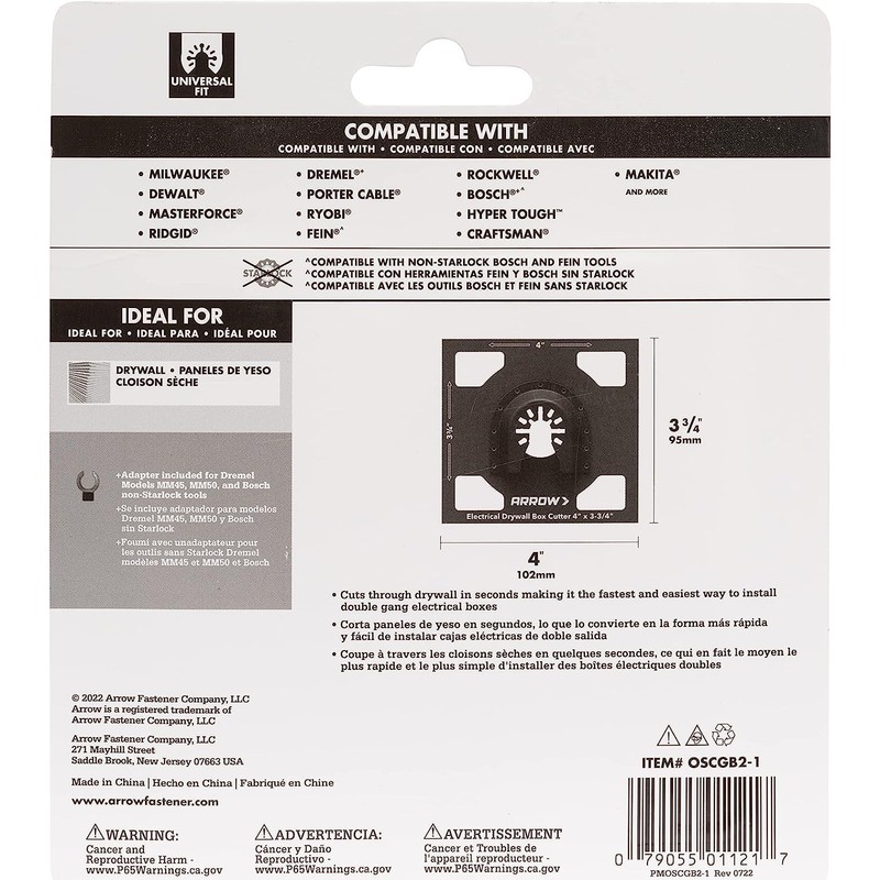 Arrow OSCGB2-1 2 Gang Electrical Box Drywall Cutting Blade for