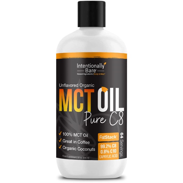 Intentionally Bare Pure C8 Organic MCT Oil - Keto, Paleo, Vegan - Coffee, Shakes, Salads – 100% MCT Oil – Unflavored - 32oz