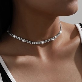 Atentuyi Double Layer Rhinestone Necklaces Chain Gold Choker Necklace Bling Bling Short Necklace Jewellery for Women and Girls, Alloy + rhinestone. Colour, Rhinestone