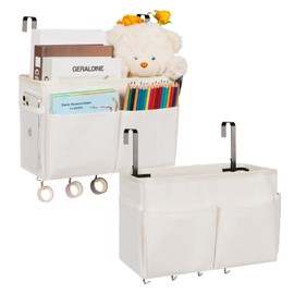 Frjjthchy Bedside Storage Organizer 5 Pockets with 4 Hooks Hanging Storage Bag for Headboards/Bunk Bed (2Pack White)