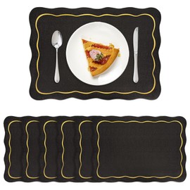 Stranthother Black and Gold Scalloped Leather Placemats Set of 6 Waterproof Faux Leather Rectangular Placemats Wipeable for Business Holiday Black Halloween Kitchen Dining Table Decor,16.5 * 11.8"