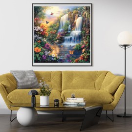 14ct Counted Stamped Cross Stitch Kits for Adults Mountain Waterfall Flowers Printed Cross Stitch Patterns Art Crafts Cross Stitch Supplies (Waterfall Mountain)