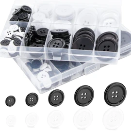 EuTengHao Botones de costura de resina redondos, color blanco y negro, botones de manualidades de 4 agujeros con caja de almacenamiento de compartimento separado, 5 botones de tamaño para camisas,