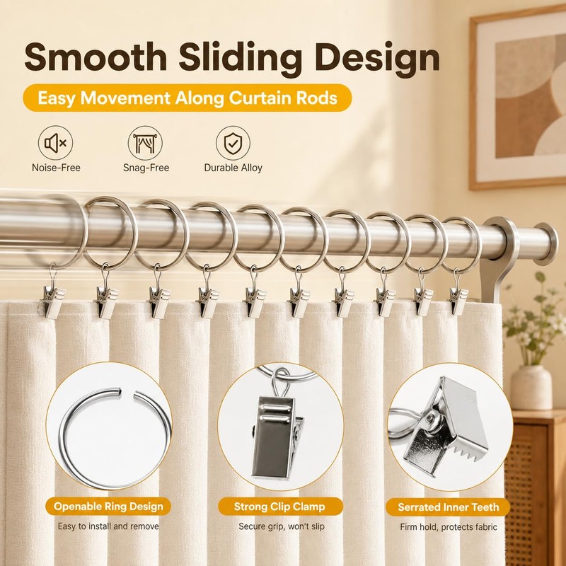 Kaaeiccr 45mm Curtain Rings With Clips, 20 Pack Metal Drapery