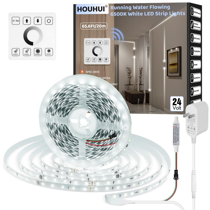 HOUHUI White LED Strip Lights 65.6Ft, 6500K White Running Water