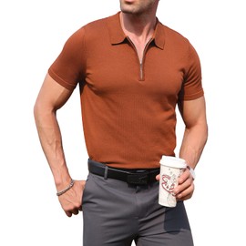 RQP Mens Zipper Polo Shirts Knit Wrinkle Free Casual Shirts Short/Long Sleeve,Stretch Fit Golf Shirts,Soft Pullover,Rust Red M