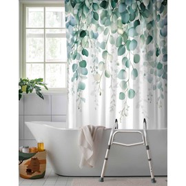 Eucalyptus Leaf Split Shower Curtain for Bath Transfer Benches, Waterproof Spring Bath Curtains with 2 Vertical Slits, Green Botanical Plants Vines Bathtub Shower Curtains for Bathroom 72"x72"
