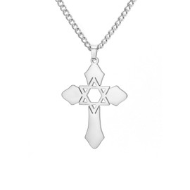 kkjoy Cross with Star of David Pendant Necklace Earrings Key Chain Stainless Steel Hexagram at the Cross Prayer Amulet Jewelry for Women Men