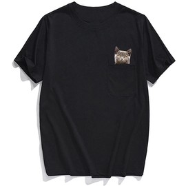 Mens Pocket Cat T Shirt Funny Printed Peeking Pet Kitten Animal Tee for Guys Gift (Black-K1, XL)