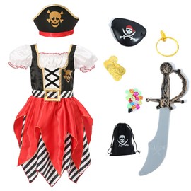 Wizland Girls Pirate Costume Deluxe Buccaneer Princess Dress for Kids with dress,hat,pouch,earring,coins,Gems,sword and eye-patch 5-6years