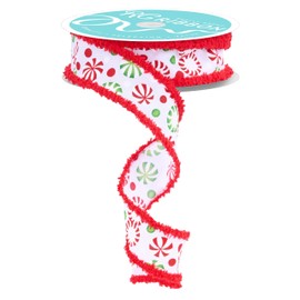 Peppermints and Christmas Candy Wired Ribbon for Crafts, Wreaths, Bows, Floral Arrangements, Gift Wrap (White, Red, Green - Red Drift Edge, 1.5" x 10 Yards)