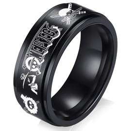 One Piece Ring Anime Rings for Men Luffy Anxiety Fidget Spinner Ring Black Anime Jewelry 8MM Stainless Steel Ring Size 8 (Hat A Gang, 8)