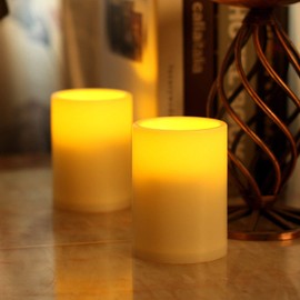 GiveU Flameless Set of 2 (D 3" x 4'') Battery Operated LED Pillar Plastic Flickering Candles with Remote Control Timer, for Christmas Home Indoor & Outdoor Decoration, Pack of 2, Ivory, 2 Count